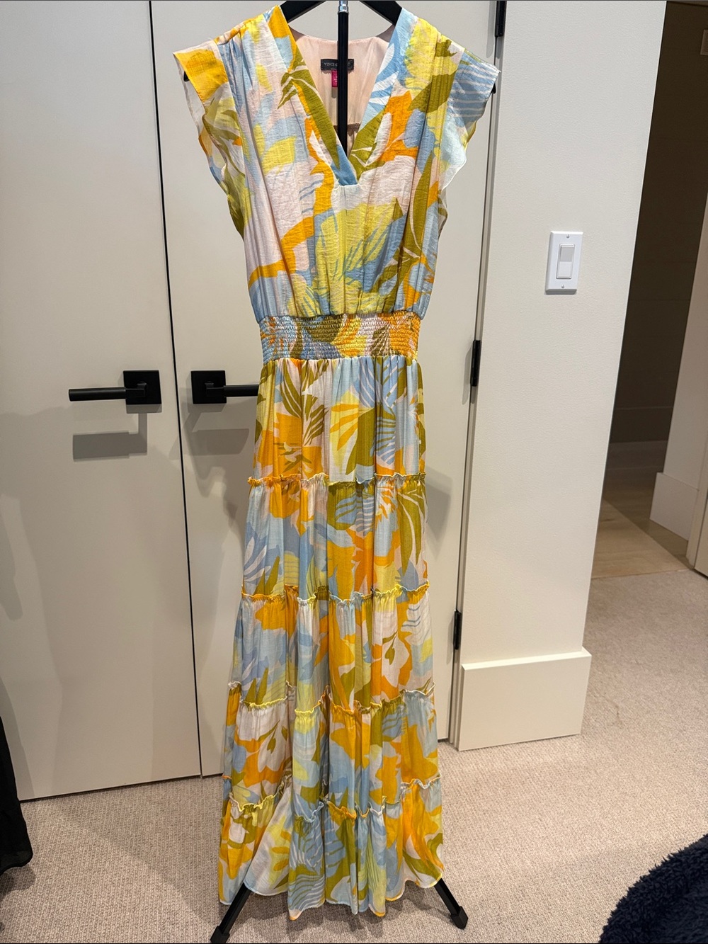 Vince Camuto Yellow, Blue & White Floral Tiered Maxi Dress